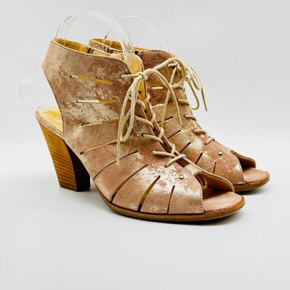 Paul Green Shoes Womens 7.5 Gold Leather Causal Cage Lace Up Open Toe Sandals - Picture 2 of 12